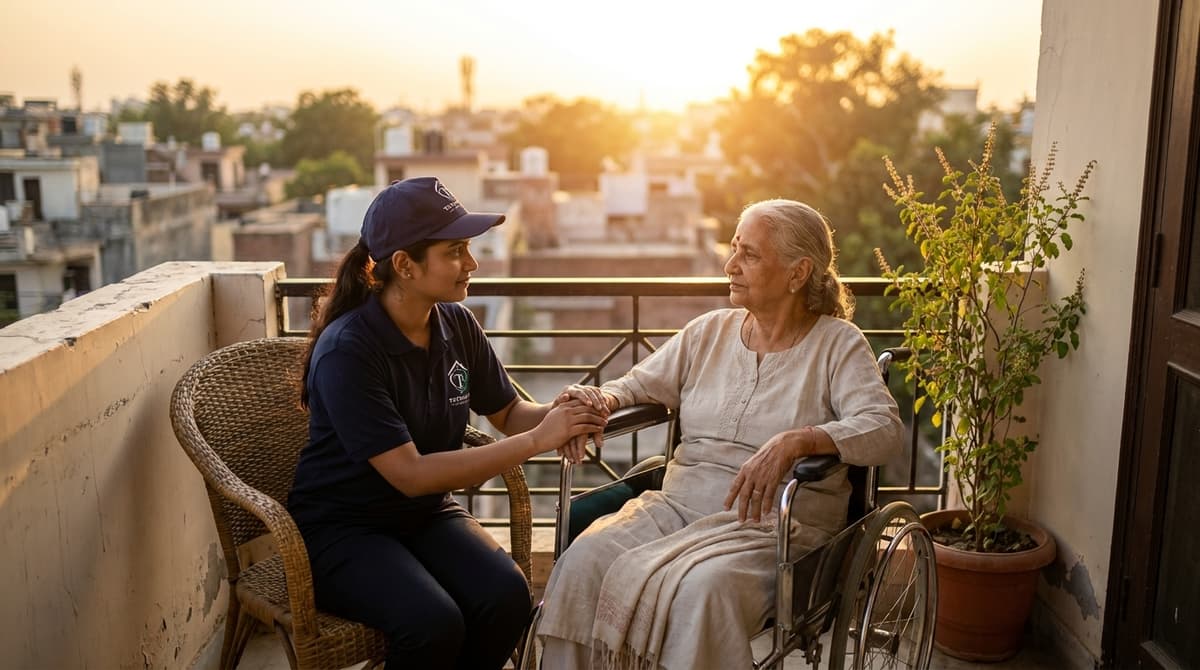 A Tathaast caregiver supporting an elderly woman at home